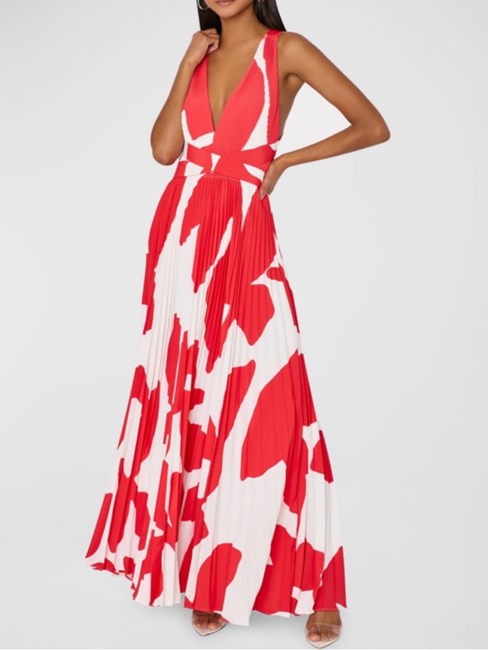 Milly Oria Red & White Pleated V-Neck Maxi Halter Style Dress - Women